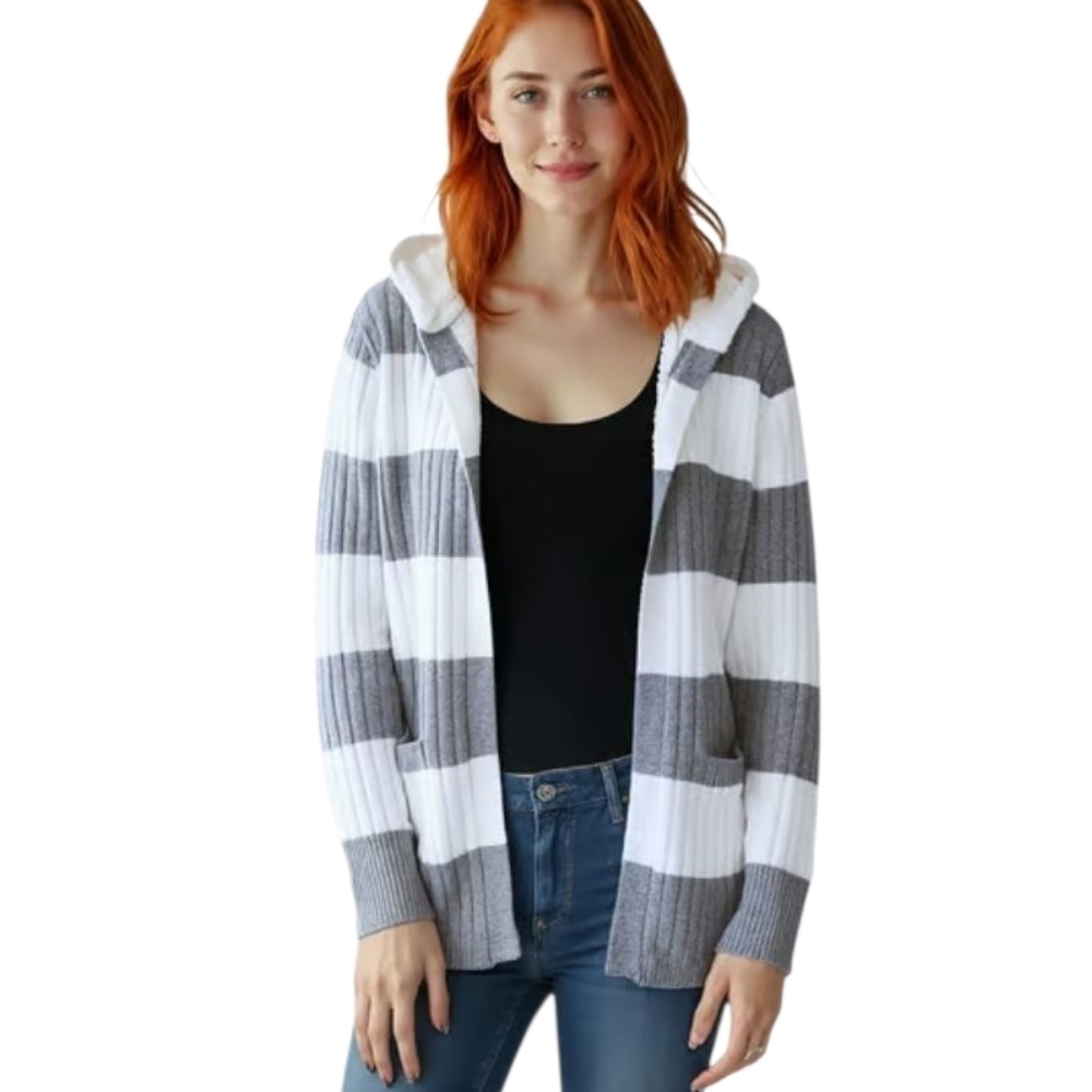 Juniors Madden Girl Wide Stripe Cardigan with Sherpa Lined Hood